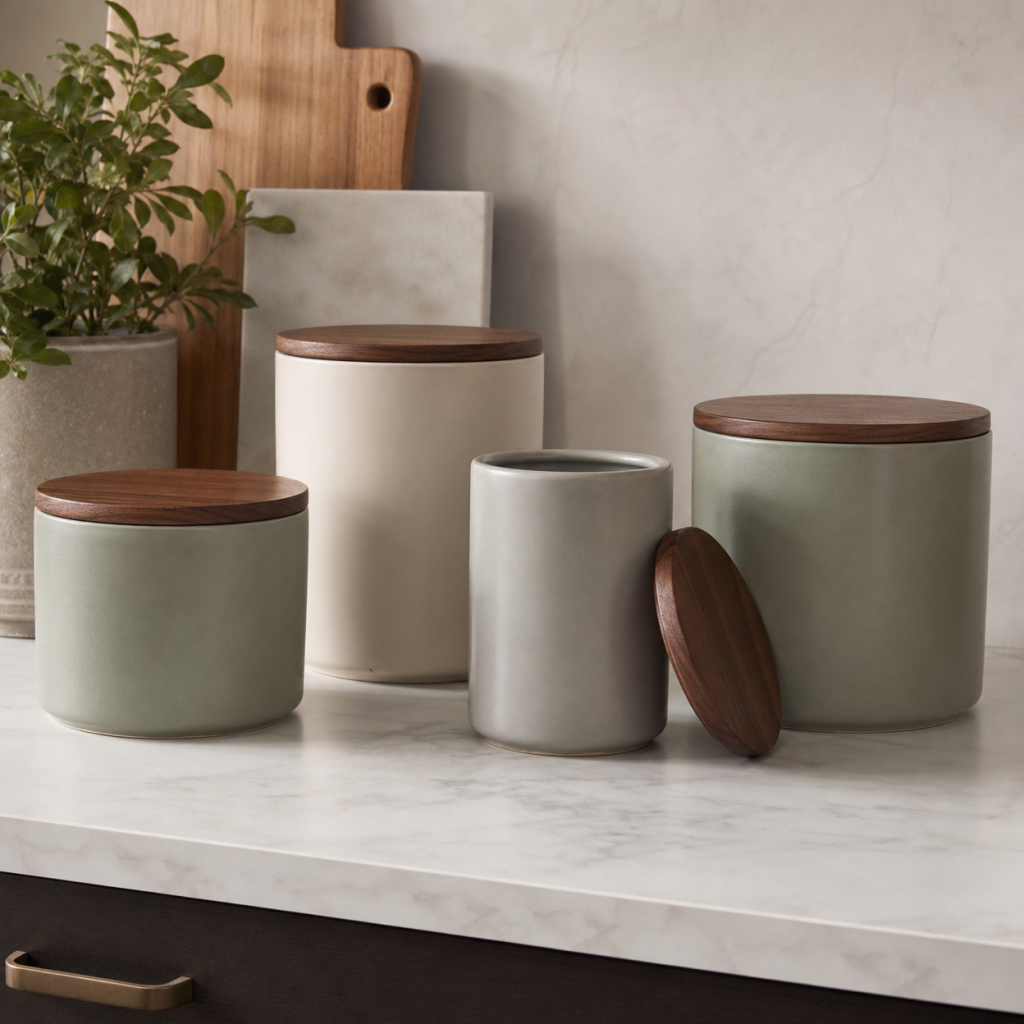 ceramic canister set with wooden lids