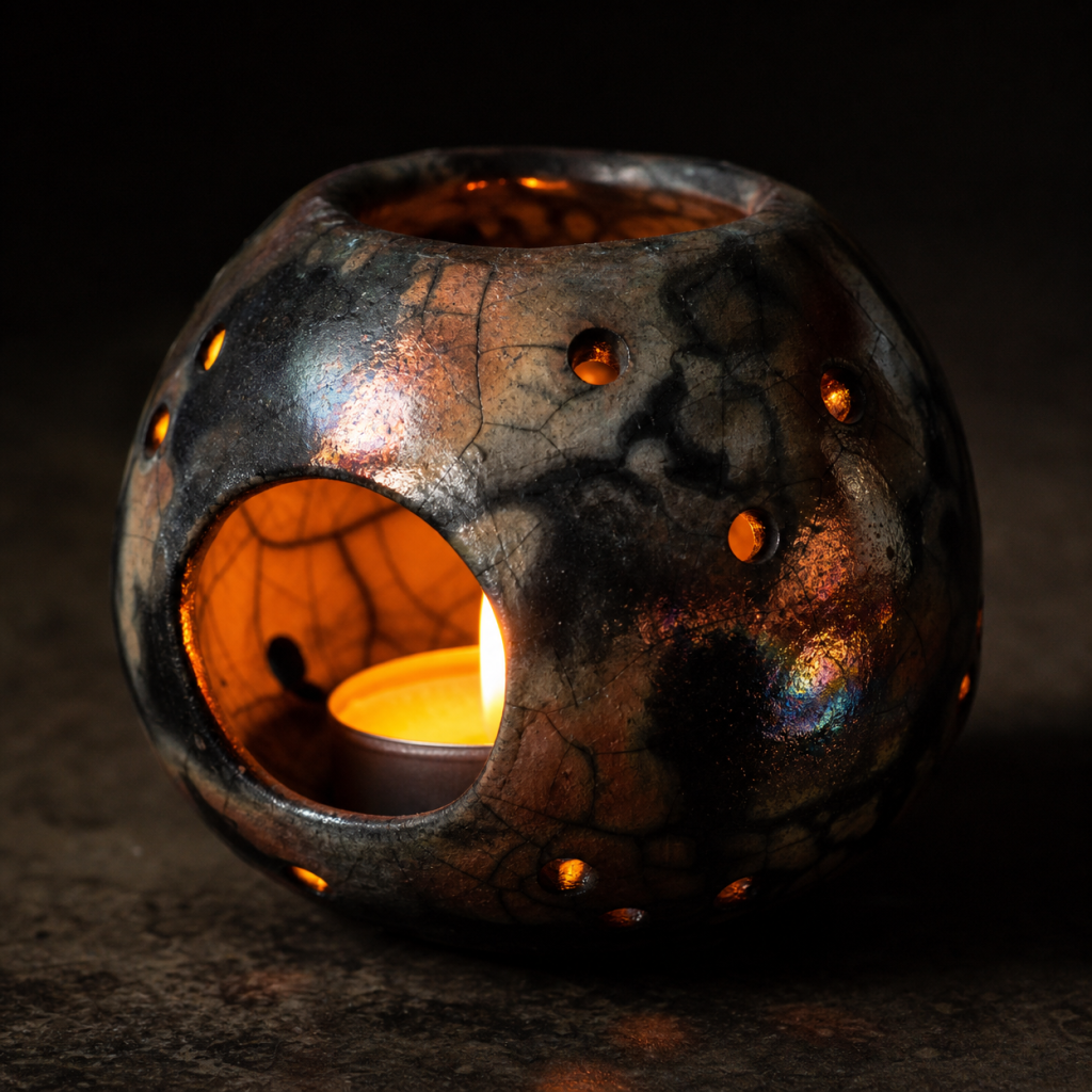 raku-fired ceramic tea light holder